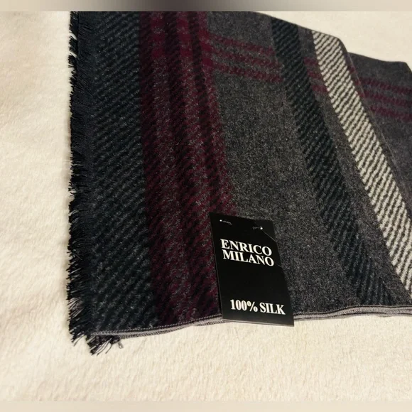 Enrico Milano 100% Silk Gray and Burgundy Scarf NWT - Picture 1 of 10